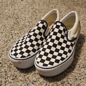 Pretty Much Brand New - Vans Black and Cream Checkerboard Platform Slip-Ons
